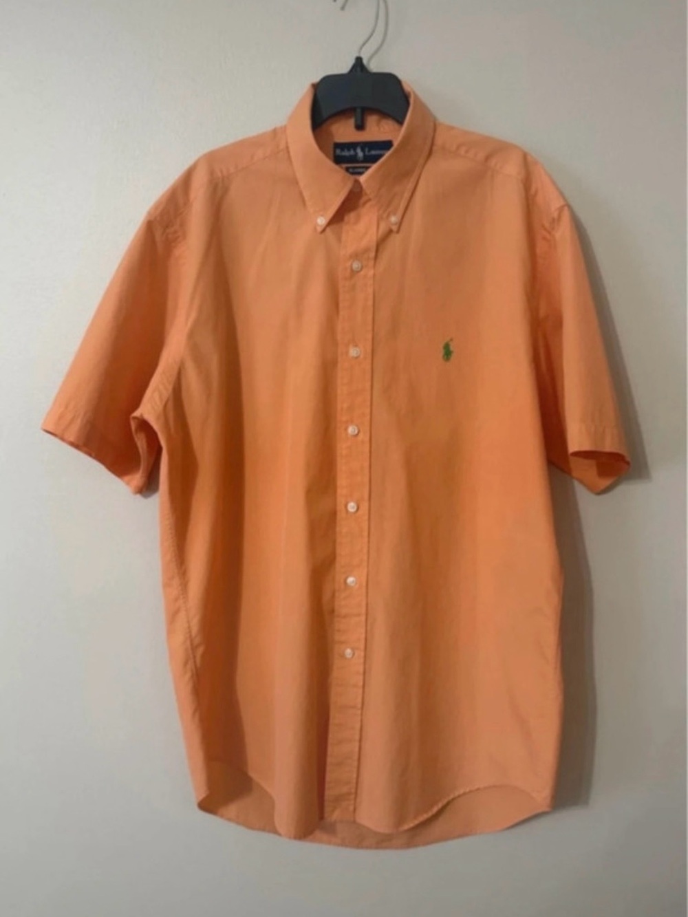 Ralph Lauren Mens Size M Button Up Short Sleeve Orange Pony Cotton Shirt